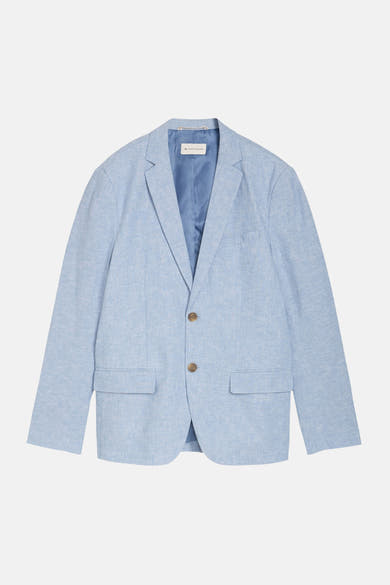 Blazer bleu clair texturé de Tom Tailor avec deux boutons marron et poches à rabat.