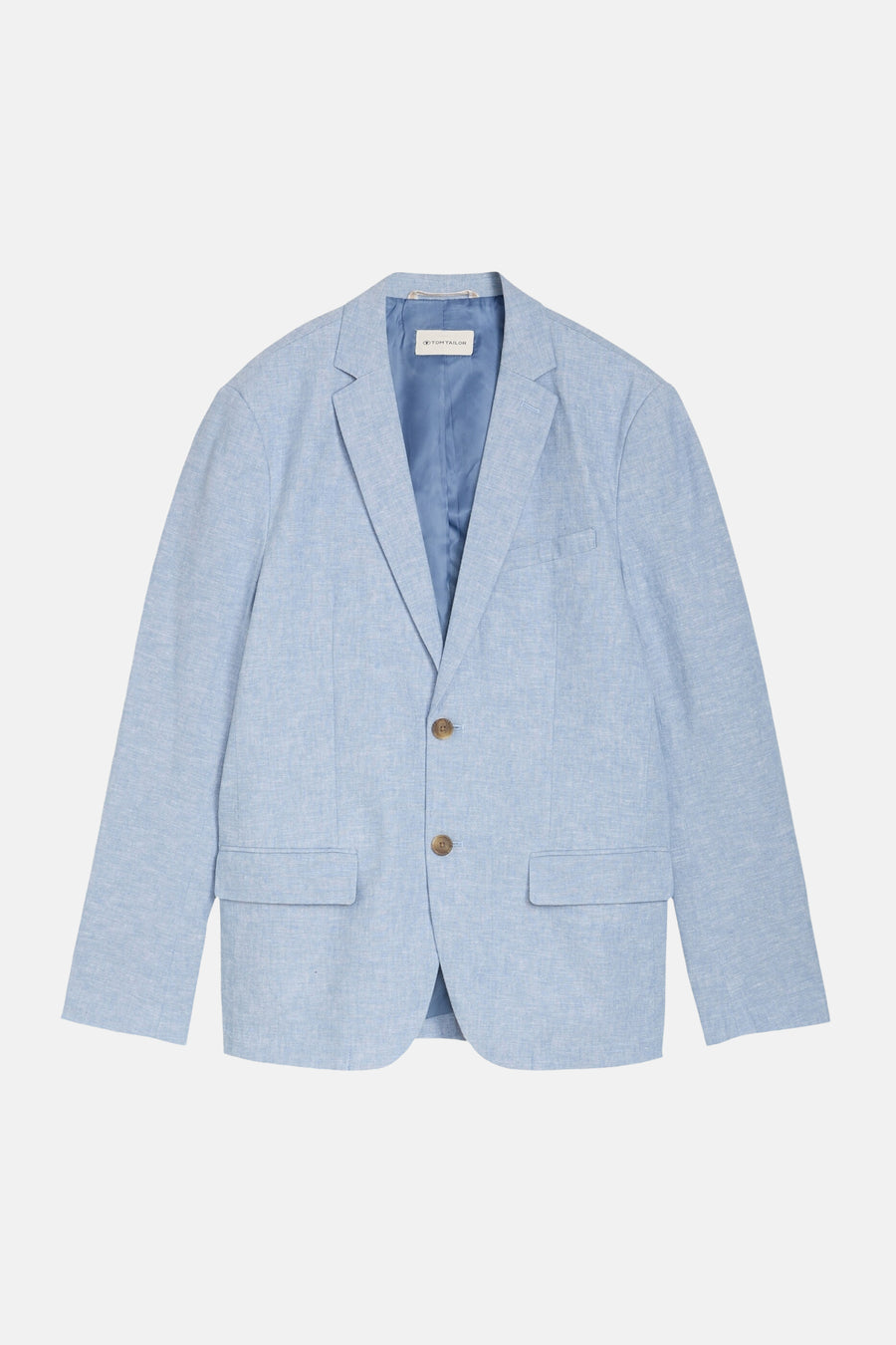 Blazer bleu clair texturé de Tom Tailor avec deux boutons marron et poches à rabat.