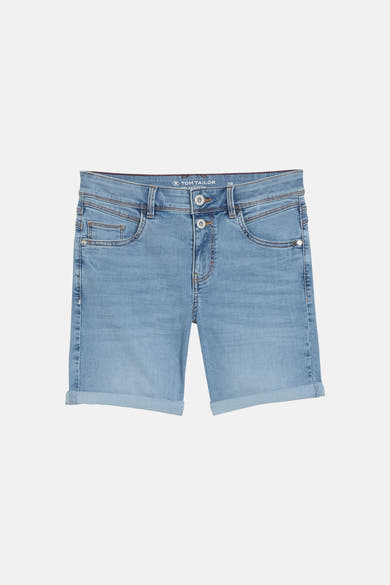 Bermuda en jean bleu clair de Tom Tailor avec ourlets retroussés, braguette à deux boutons et poches.