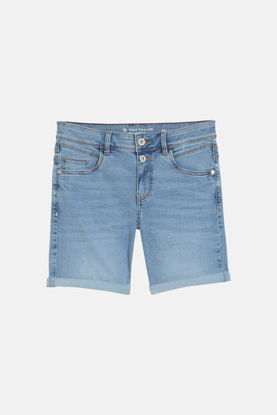 Bermuda en jean bleu clair de Tom Tailor avec ourlets retroussés, braguette à deux boutons et poches.