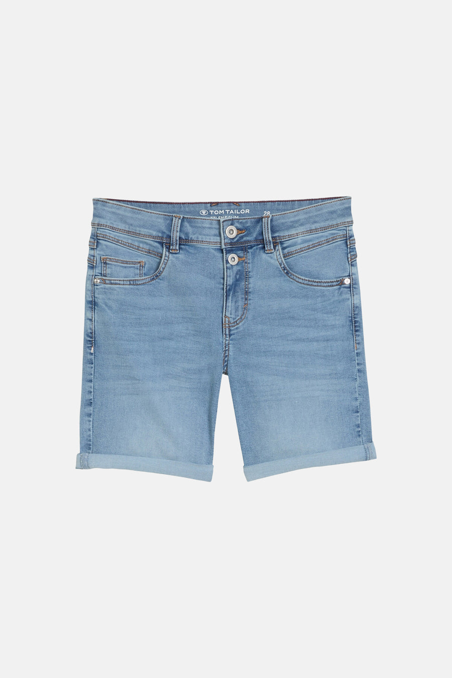 Bermuda en jean bleu clair de Tom Tailor avec ourlets retroussés, braguette à deux boutons et poches.
