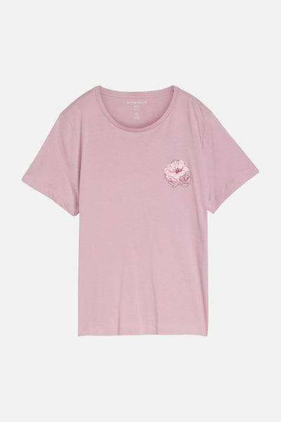 Top uni manches courtes rose en coton bio de Tom Tailor à broderie florale et col rond.