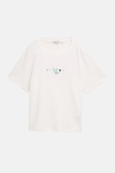 T-shirt blanc en coton, de Tom Tailor, avec un imprimé de cœurs et le mot « love » au centre.