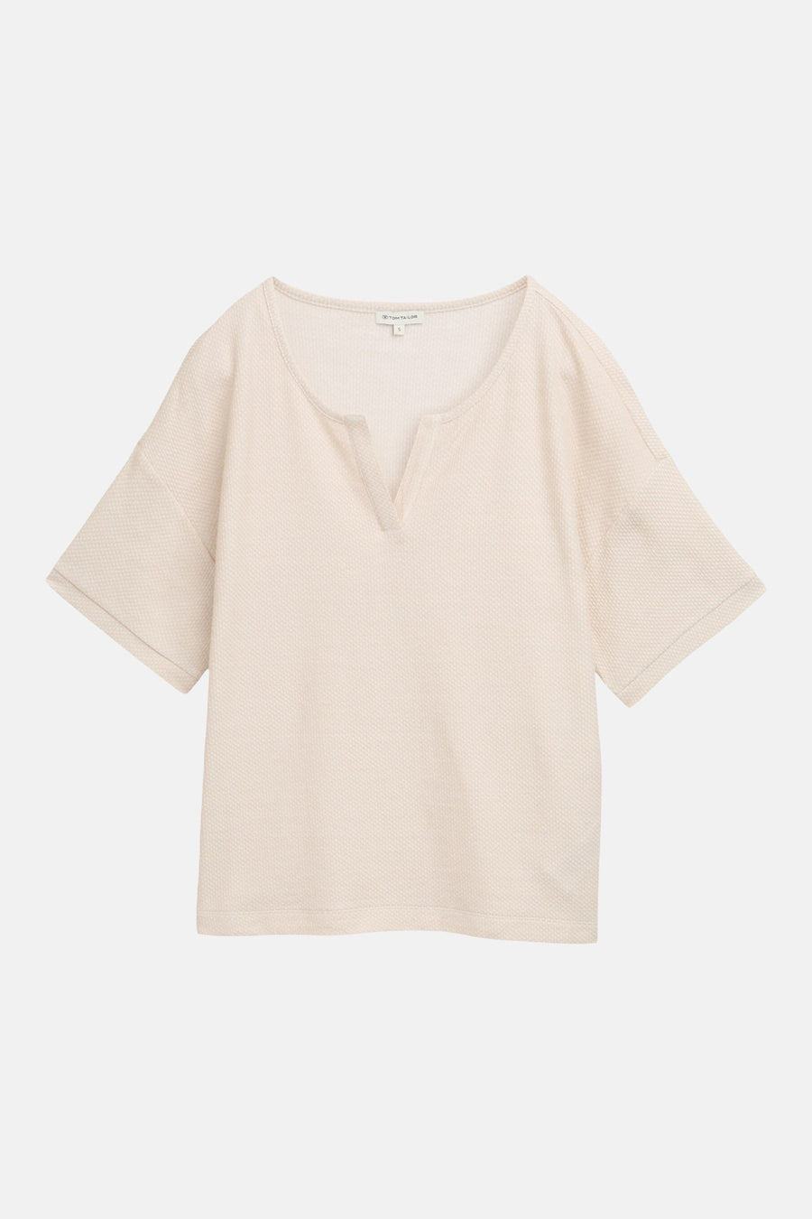 Beige wafelgebreid T-shirt van Tom Tailor met geweven textuur en zachte plooien.