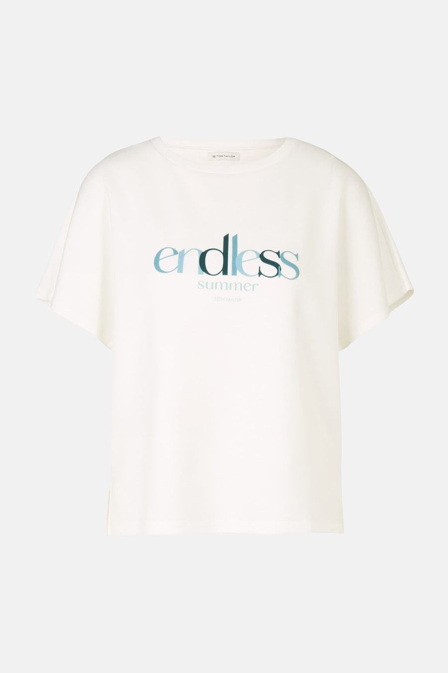 T-shirt blanc à manches courtes de Tom Tailor, orné de l'inscription "endless summer" en dégradé de bleu.