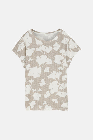 T-shirt beige à motif feuilles de Tom Tailor, imprimé intégral avec texture tissée.