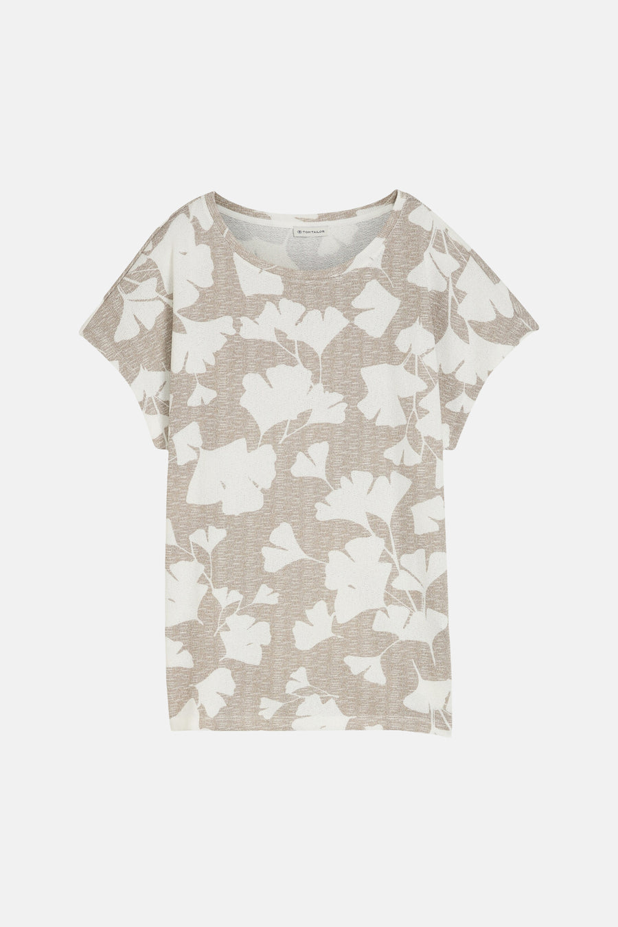 T-shirt beige à motif feuilles de Tom Tailor, imprimé intégral avec texture tissée.