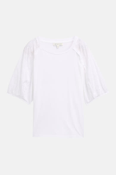 Wit T-shirt met korte mouwen van Tom Tailor met ajourmouwen en ronde hals.