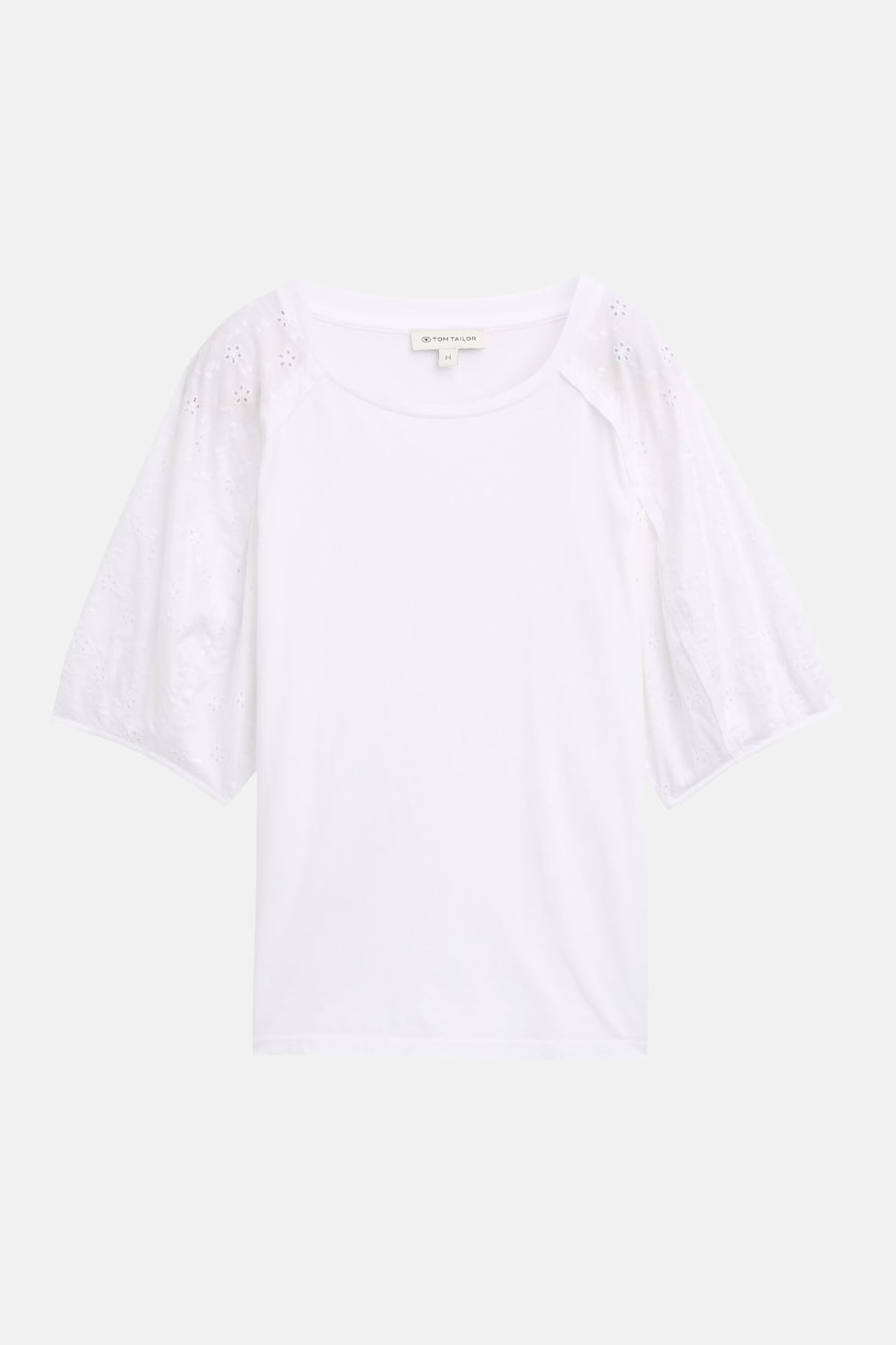 Wit T-shirt met korte mouwen van Tom Tailor met ajourmouwen en ronde hals.