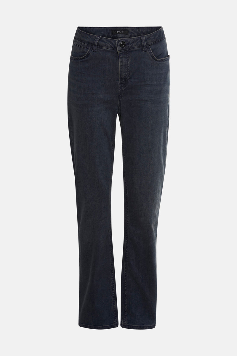Blauwe skinny jeans van OPUS, met een achterzak en een leren inzetstuk aan de taille.