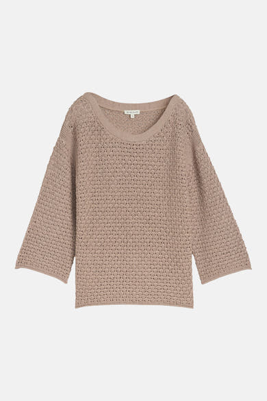 Trui O taupe gebreid van Tom Tailor met ajourpatroon en driekwartmouwen.