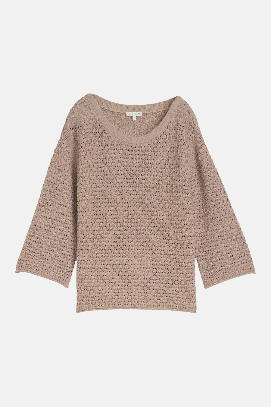 Trui O taupe gebreid van Tom Tailor met ajourpatroon en driekwartmouwen.