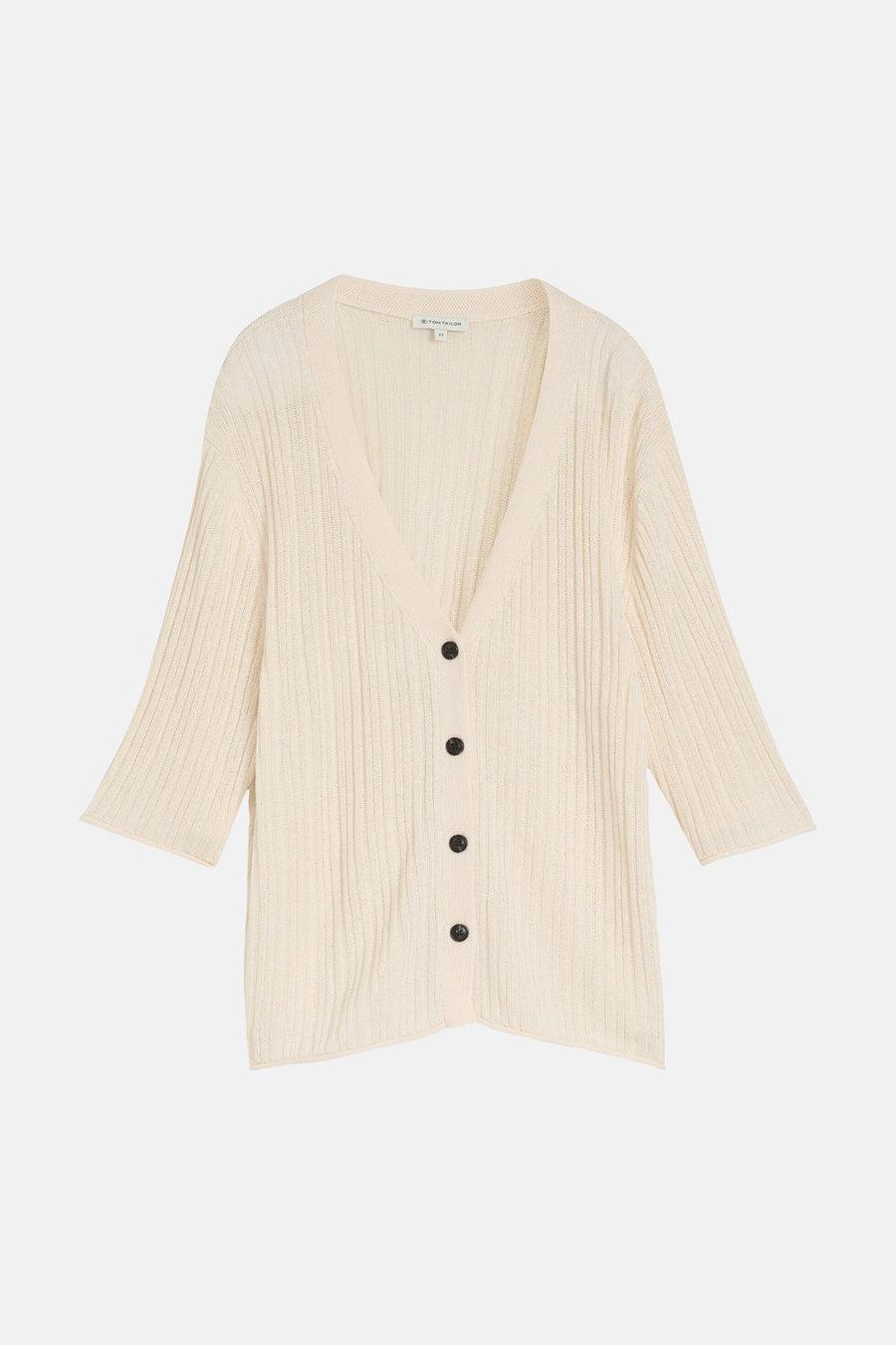 Cardigan écru de Tom Tailor en maille côtelée avec col V, manches 3/4 et boutons noirs.