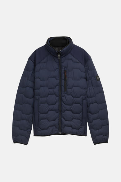 Korte blauwe jas van Tom Tailor, doorgestikt patroon met gladde textuur.