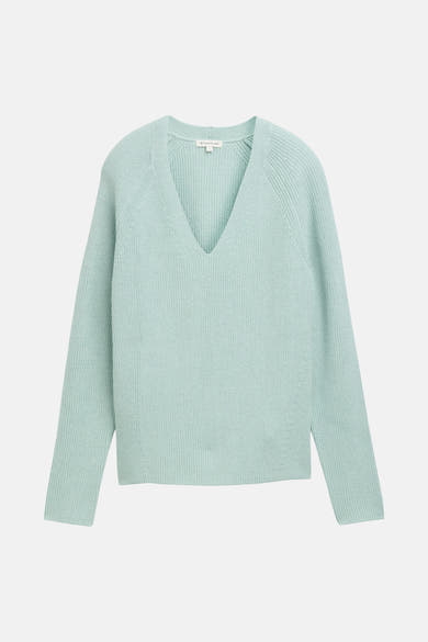 Mintgroene V-hals trui van Tom Tailor, in ribgebreid, met lange mouwen.