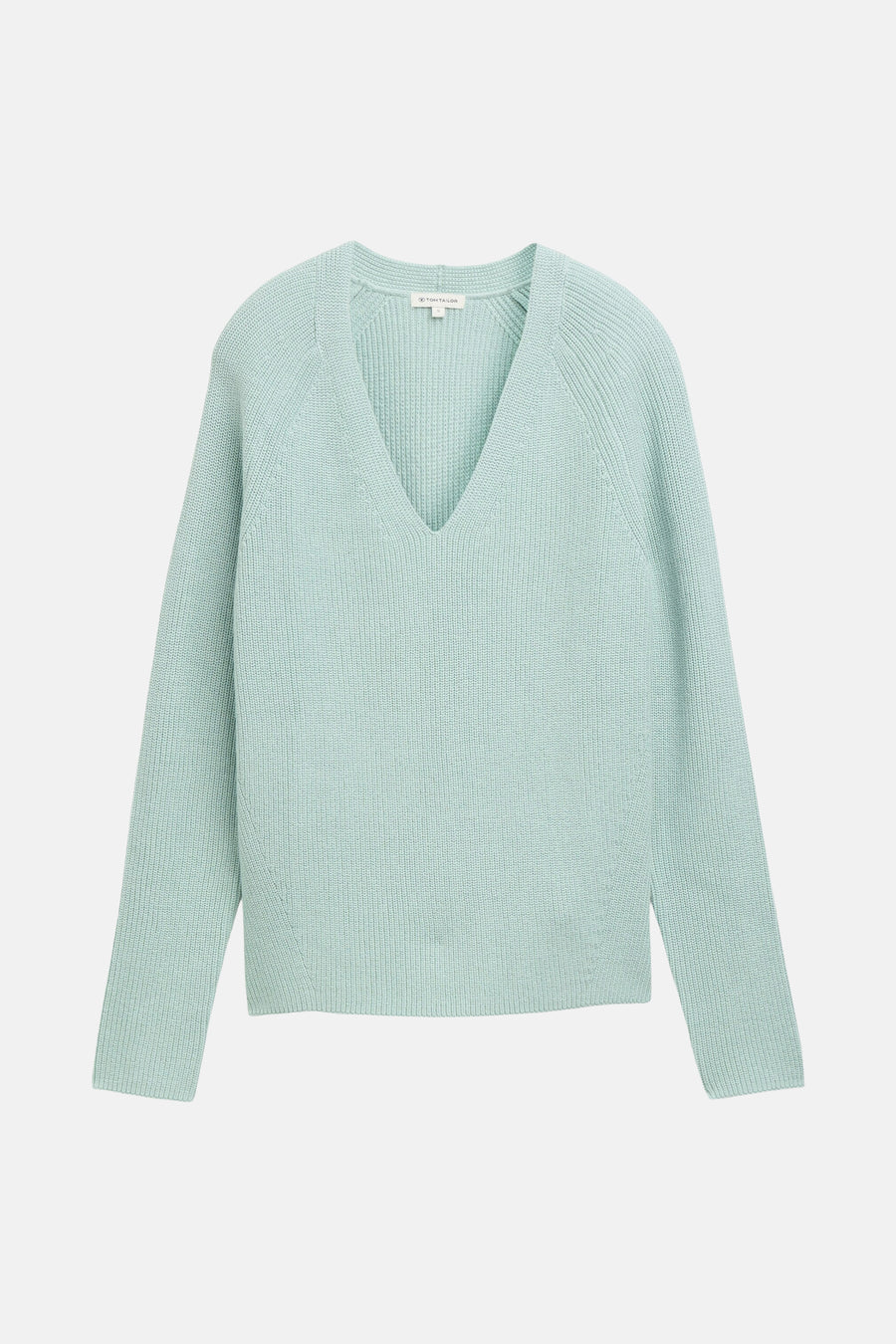 Mintgroene V-hals trui van Tom Tailor, in ribgebreid, met lange mouwen.