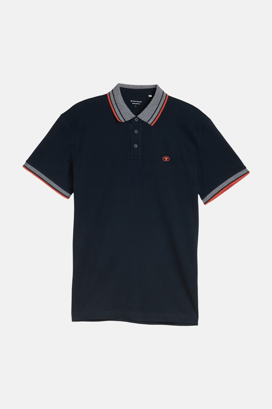 Donkerblauwe polo van Tom Tailor met gestreepte kraag en boorden in grijs en oranje, en borstlogo.