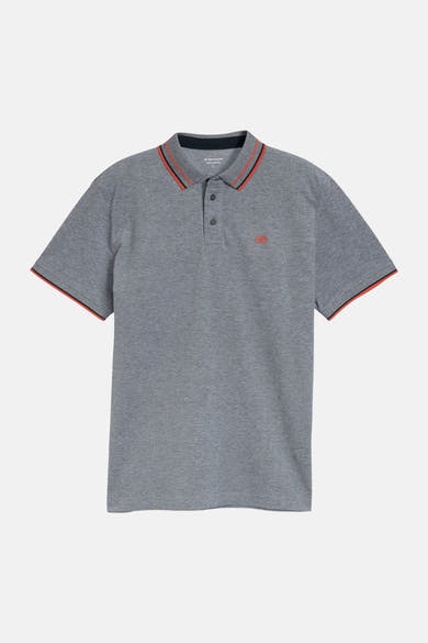 Grijze gemêleerde polo van Tom Tailor met oranje en zwarte gestreepte geribde kraag en manchetten, en geborduurd logo.