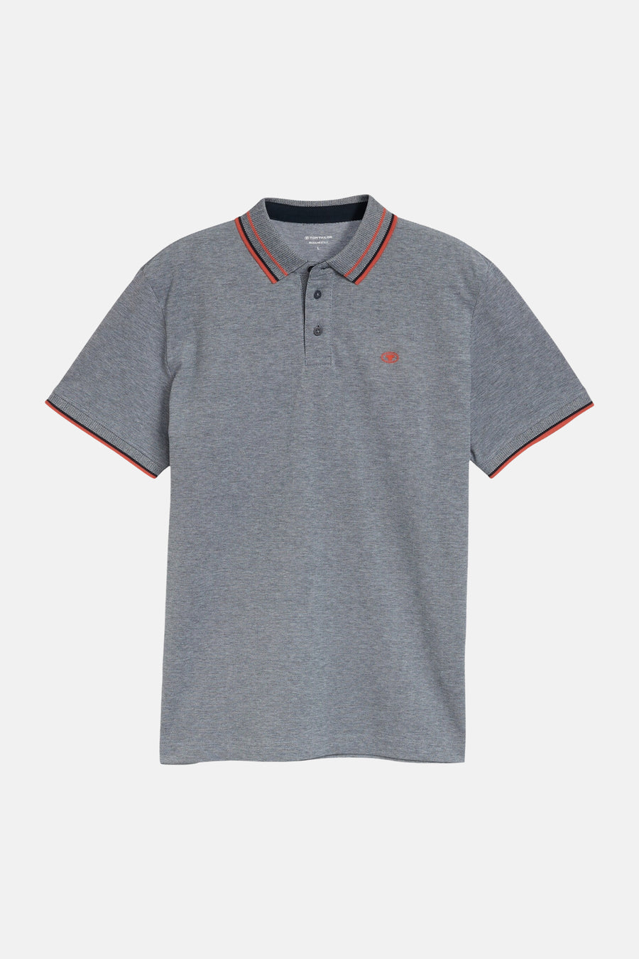 Grijze gemêleerde polo van Tom Tailor met oranje en zwarte gestreepte geribde kraag en manchetten, en geborduurd logo.