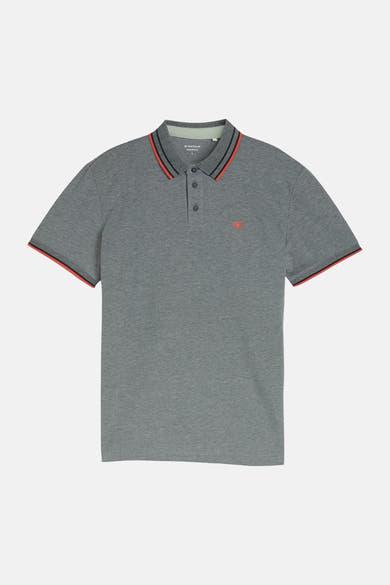 Polo gris de Tom Tailor avec col et manches rayés noir et orange, et logo brodé.
