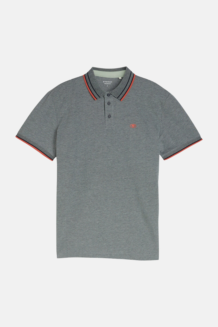 Polo gris de Tom Tailor avec col et manches rayés noir et orange, et logo brodé.
