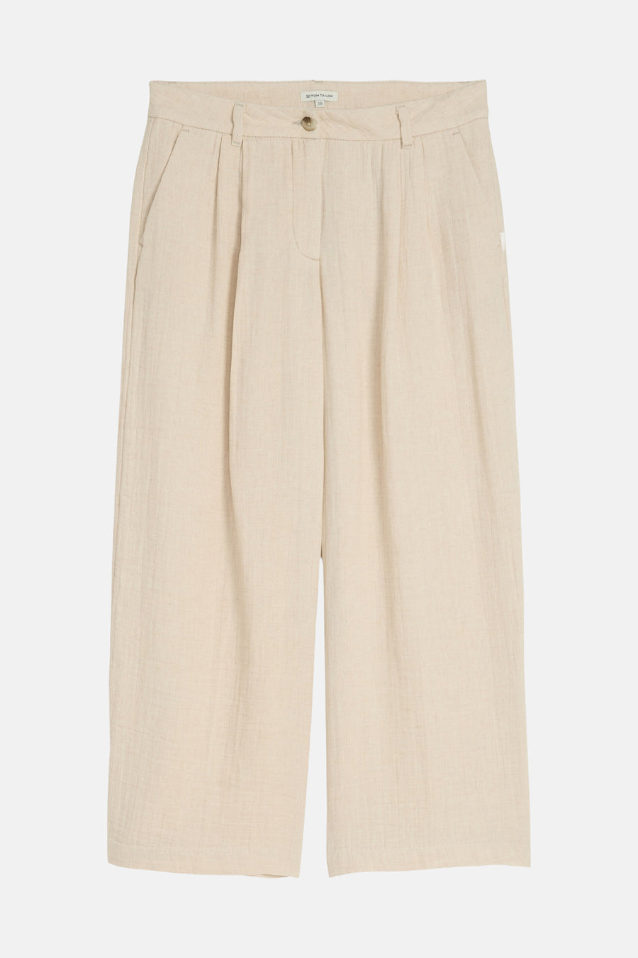Beige wijde en korte broek van gekreukte stof van Tom Tailor, met plooien aan de voorkant, knoop en zakken.