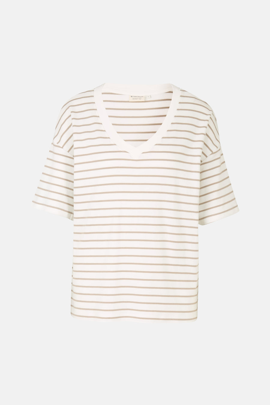 Multikleur gestreept T-shirt van Tom Tailor, met korte mouwen en V-hals.