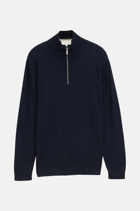 Ronde hals trui van Tom Tailor in blauw, met een getextureerd chevronpatroon en delicate plooien.