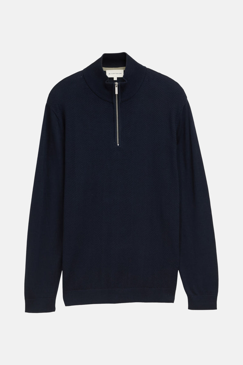 Ronde hals trui van Tom Tailor in blauw, met een getextureerd chevronpatroon en delicate plooien.