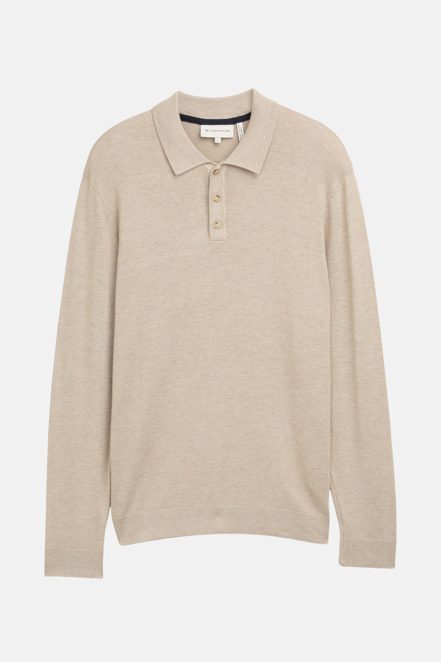 Pull à col rond beige de Tom Tailor, avec patte de boutonnage et manches longues.