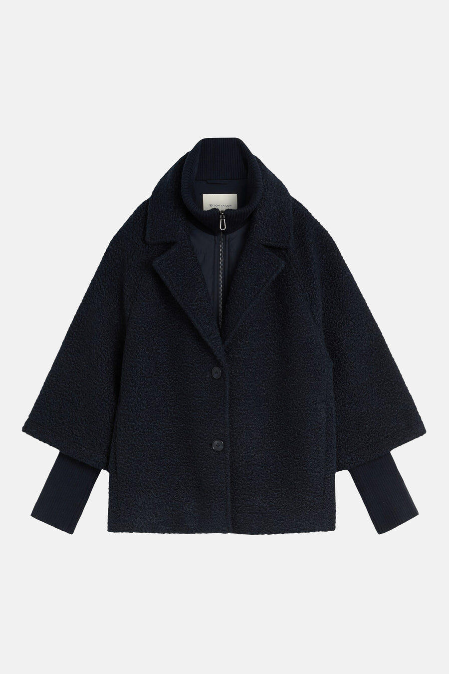 Navy blue textured poncho by Tom Tailor with ribbed collar and cuffs, front buttons, and soft bouclé fabric, shown in front view.