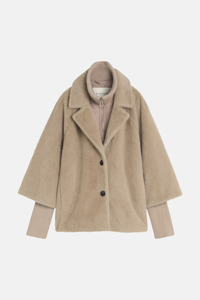 Taupe faux fur poncho by Tom Tailor with ribbed collar and cuffs, front buttons, and soft texture, shown in front view