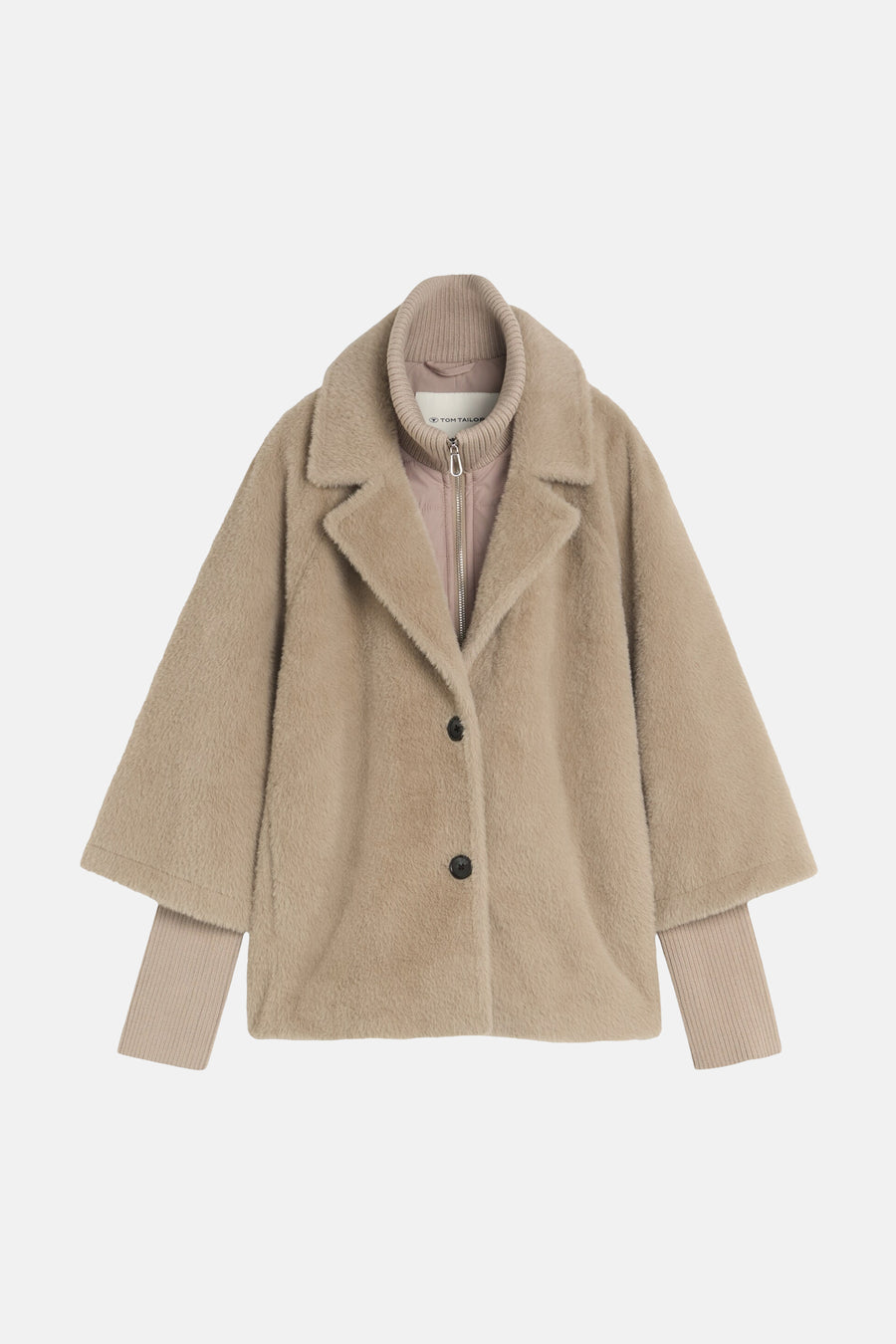 Taupe faux fur poncho by Tom Tailor with ribbed collar and cuffs, front buttons, and soft texture, shown in front view