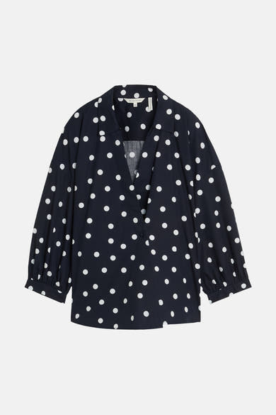 Navy blue short-sleeve blouse with white polka dots by Tom Tailor, featuring a V-neck and gathered sleeves, front view
