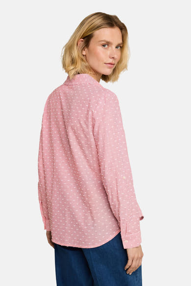 Pink long-sleeve blouse with white geometric print by Tom Tailor, shown from back view on model wearing blue jeans