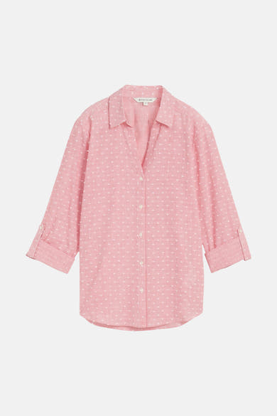 Pink long-sleeve blouse with white polka dots and fine stripes by Tom Tailor, front view with button-down closure and cuffed sleeves