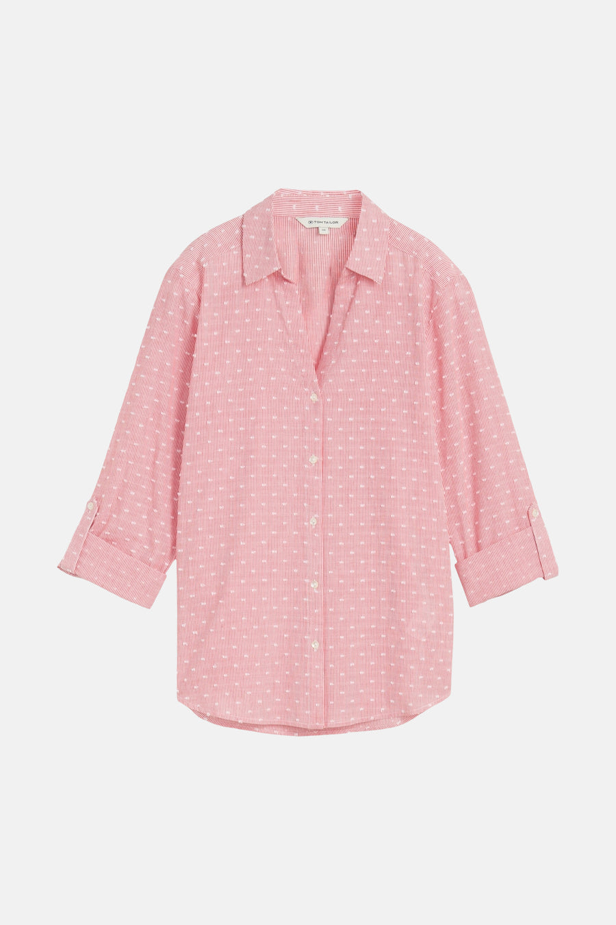 Pink long-sleeve blouse with white polka dots and fine stripes by Tom Tailor, front view with button-down closure and cuffed sleeves