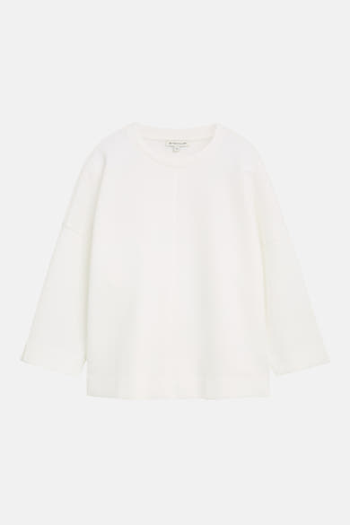 White crewneck sweatshirt by Tom Tailor, soft cotton blend, relaxed fit, front view, ribbed cuffs and hem