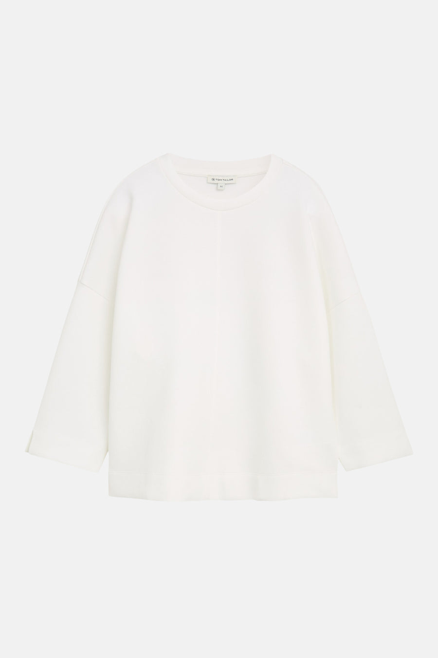 White crewneck sweatshirt by Tom Tailor, soft cotton blend, relaxed fit, front view, ribbed cuffs and hem