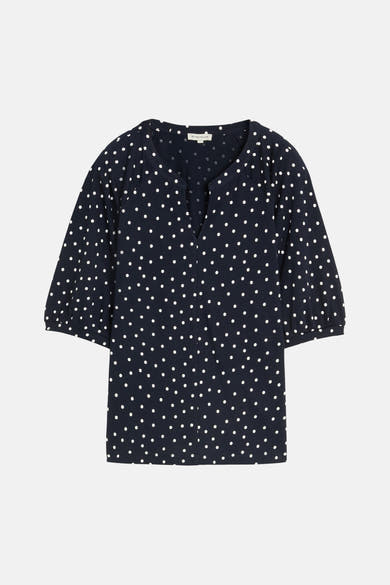 Navy polka dot blouse with 3/4 sleeves by Tom Tailor, featuring a V-neck and gathered sleeve cuffs, front view