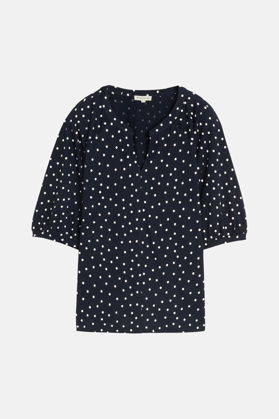 Navy polka dot blouse with 3/4 sleeves by Tom Tailor, featuring a V-neck and gathered sleeve cuffs, front view