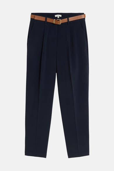 Navy blue suit trousers by Tom Tailor with front pleats and brown leather belt, front view