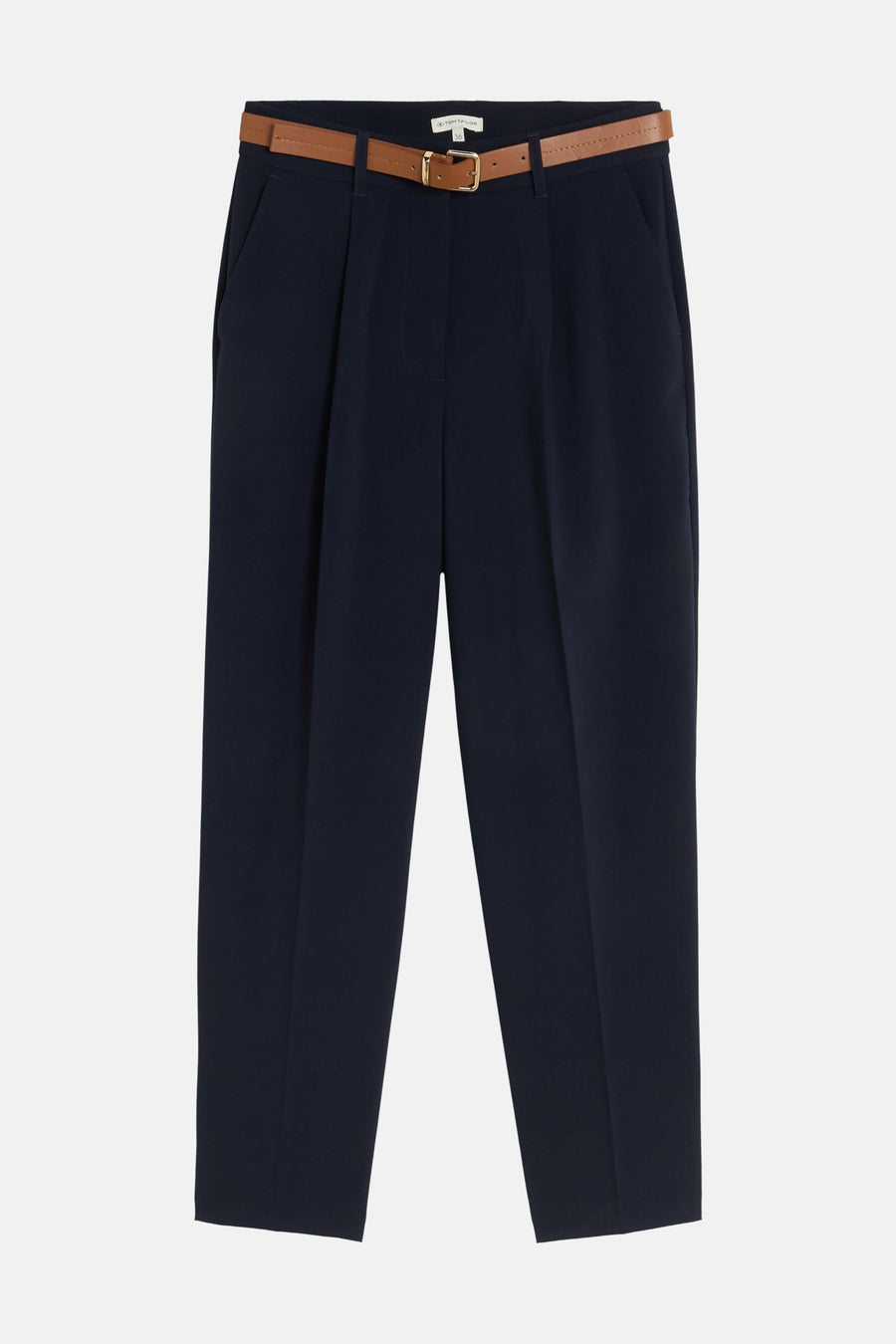 Navy blue suit trousers by Tom Tailor with front pleats and brown leather belt, front view