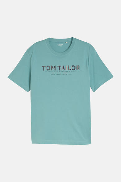 Teal short-sleeve T-shirt by Tom Tailor with front logo print and round neckline, flat lay front view