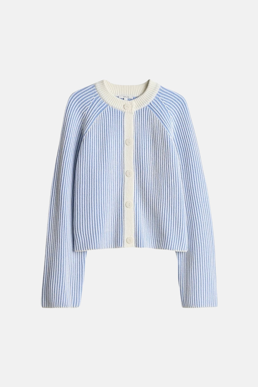 Cardigan en tricot bleu par OPUS, rayures verticales blanches, boutons ivoire et coupe courte.

