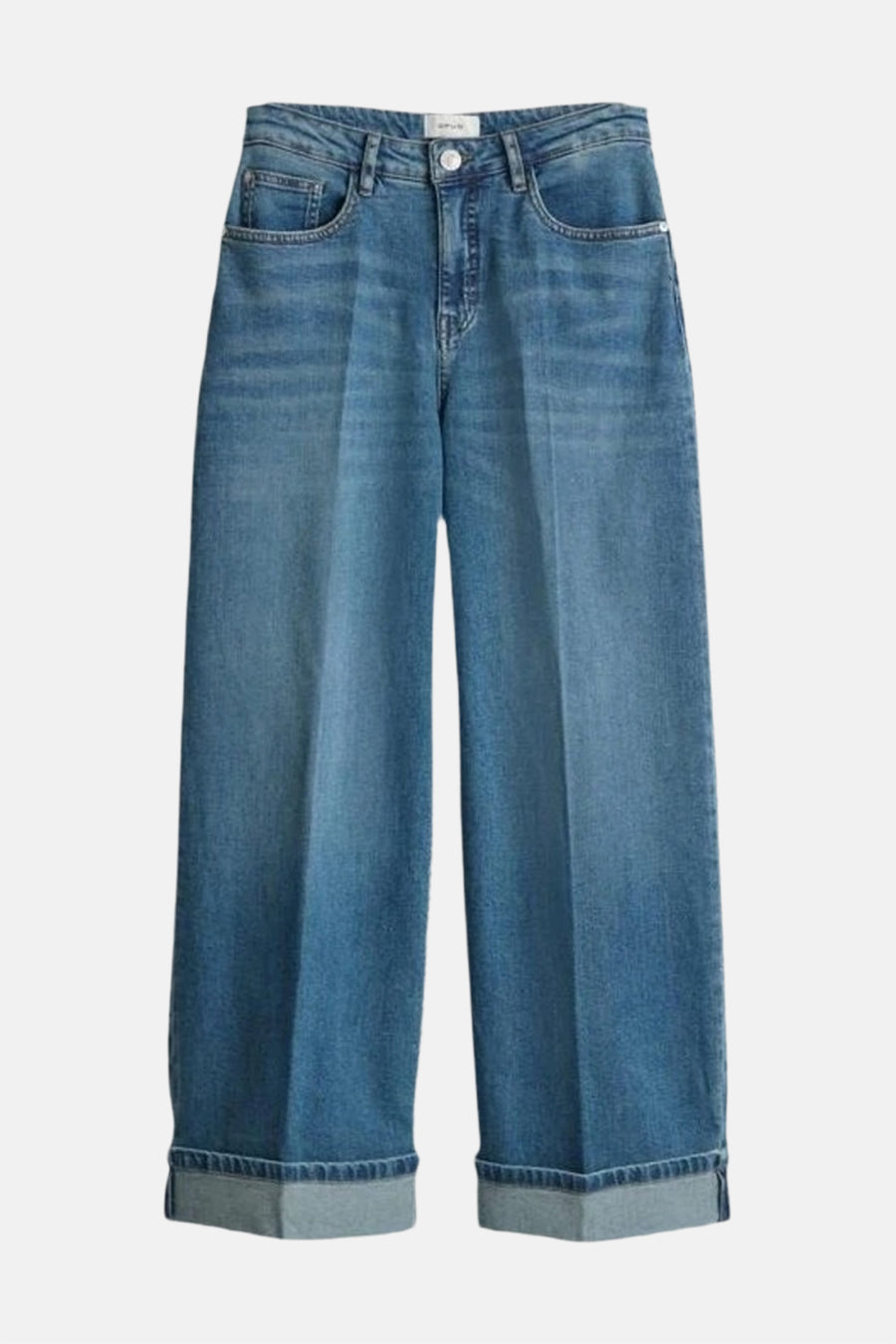 Jean large en denim bleu moyen de OPUS, avec ourlets larges repliés.