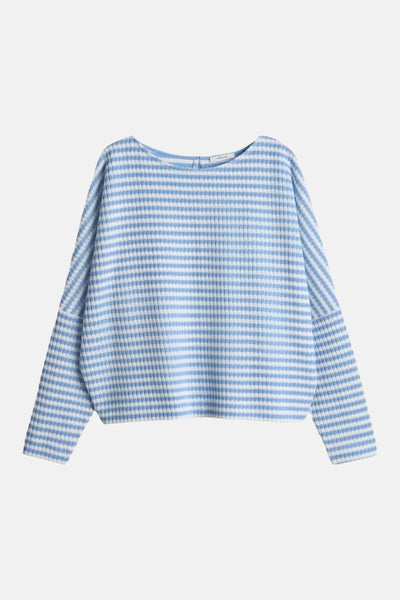 Pull col rond bleu d'OPUS, à rayures horizontales et manches longues bouffantes.