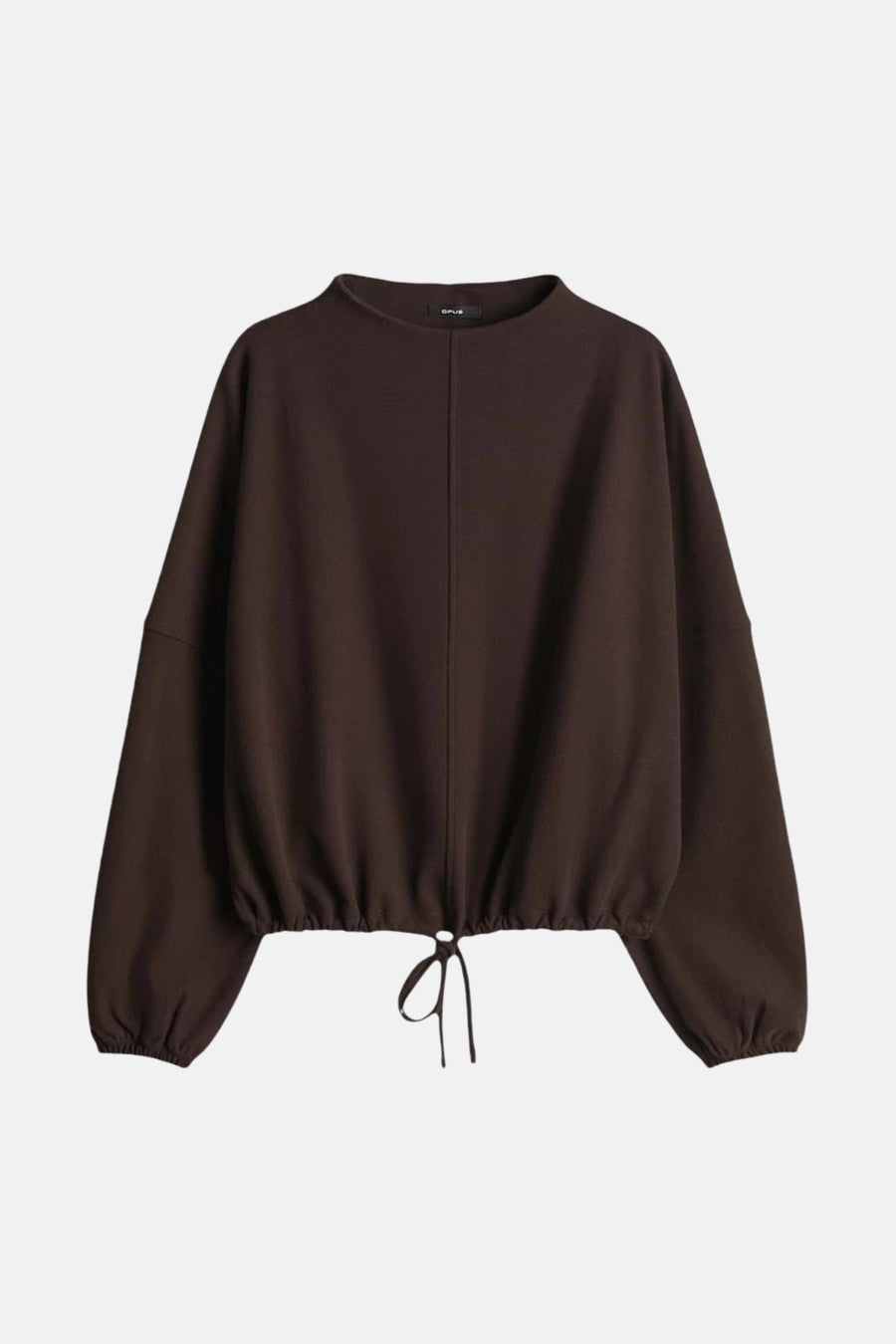 Sweat col rond brun by OPUS, avec cordon de serrage à la taille et manches longues bouffantes.