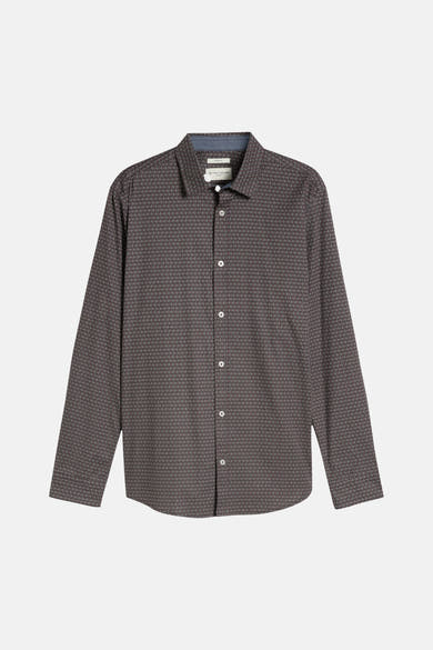 Grey long-sleeve shirt with subtle geometric pattern by TOM TAILOR, front view with white buttons and classic collar