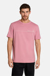 Rose short-sleeve T-shirt by Tom Tailor with white sailboat graphic and text, worn by model in front view